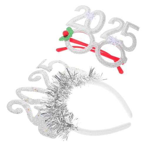 FONDOTIN Neujahr Stirnband Teilig Silbernes Party Haarreifen und Brillen Fotorequisite für Silvester Festliche Kopfbedeckung für Familie von FONDOTIN
