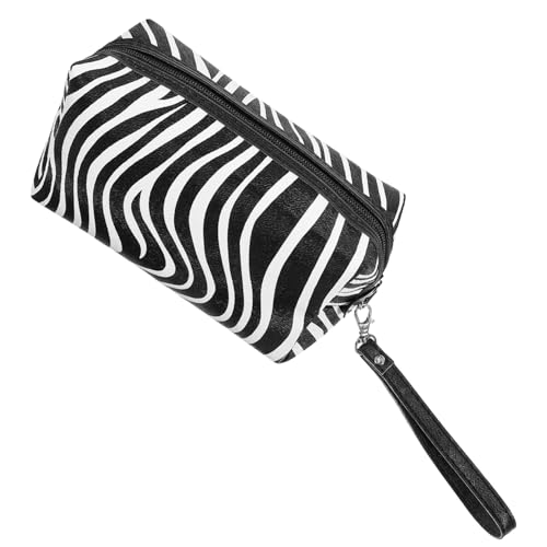 FONDOTIN Schwarze und Weiße Zebramuster Kosmetiktasche aus PU Leder Leichter Kompakter Makeup Organizer mit Reißverschluss Multifunktionale Schminktasche für Damen als Reise und von FONDOTIN