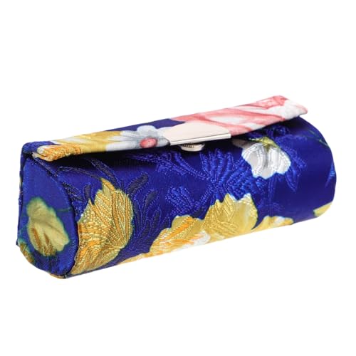 FONDOTIN Vintage Besticktes Lippenstift Etui aus Weichem Seidenstoff mit Integriertem Spiegel Handgefertigte Kosmetiktasche Kompakter Reise Kulturbeutel für Damen und Mädchen Edles Blaues von FONDOTIN