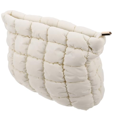FONDOTIN Weißer Weicher Down Reise Kosmetik Organizer mit Gitterdesign Gepolsterte Kulturbeutel Tasche für Damen Multifunktional für Schmuck und Make Up Kompakt und Tragbar für Alltag und von FONDOTIN