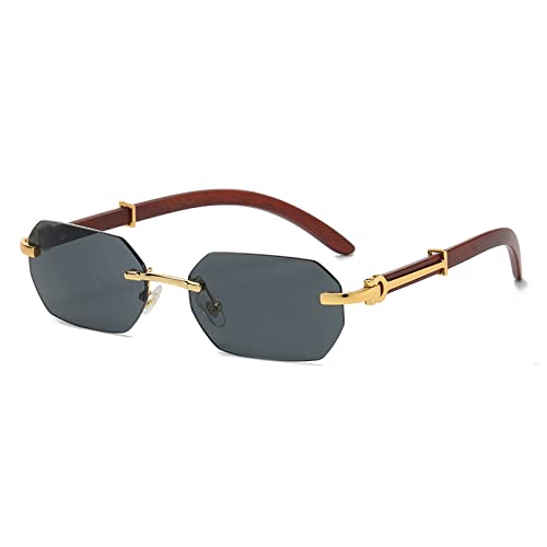 FOOOZ Vintage randlose rechteckige Sonnenbrille, unregelmäßig, klein, quadratisch, Holzrahmen, Farbtöne, Gold, Polygonal, UV400-Schutz, Unisex-Brille, Gold Schwarz, Einheitsgröße von FOOOZ