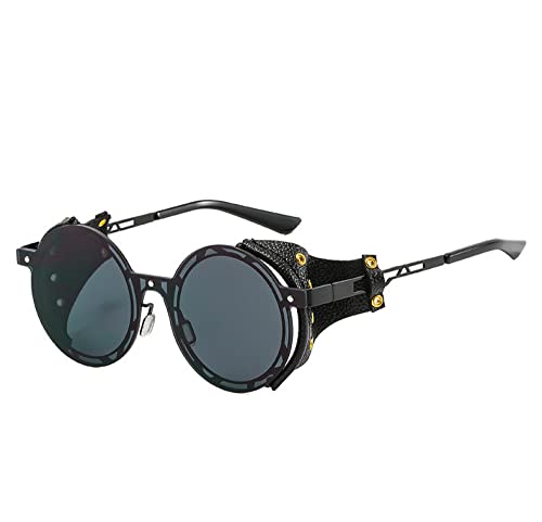 Männer Steampunk Brille Metall Sonnenbrille Frauen Retro Shades Mode Leder mit Seitenschilden Stil Runde Sonnenbrille,C1,Andere von FOOOZ