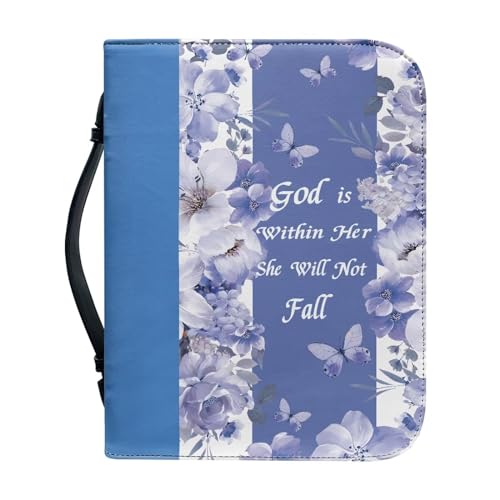 FOR U DESIGNS God is Within Her She Will Not Fall Bibelhülle für Frauen, Blau und Weiß, Bibeltasche, Kirchentasche, Größe L, Bibelhalter mit Griff, Kunstleder, Bibelträger von FOR U DESIGNS