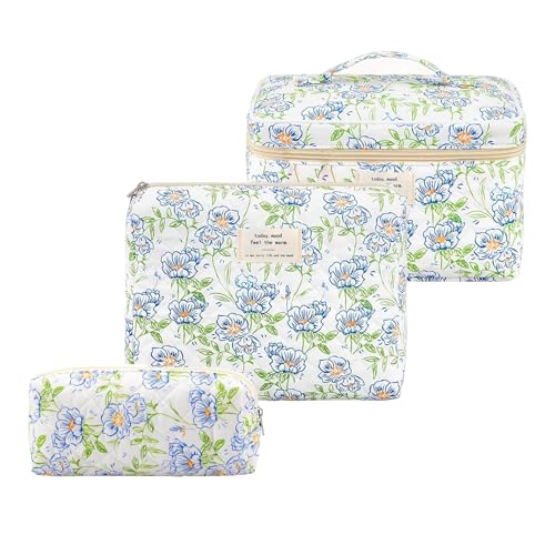 Kosmetiktasche Set Damen, 3pcs Reise Make-up Tasche aus Baumwolle，Blume Muster schminktasche (Blaue Blume) von FORBELL