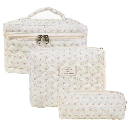 Kosmetiktasche Set Damen, 3pcs Reise Make-up Tasche aus Baumwolle，Blume Muster schminktasche (K-04) von FORBELL
