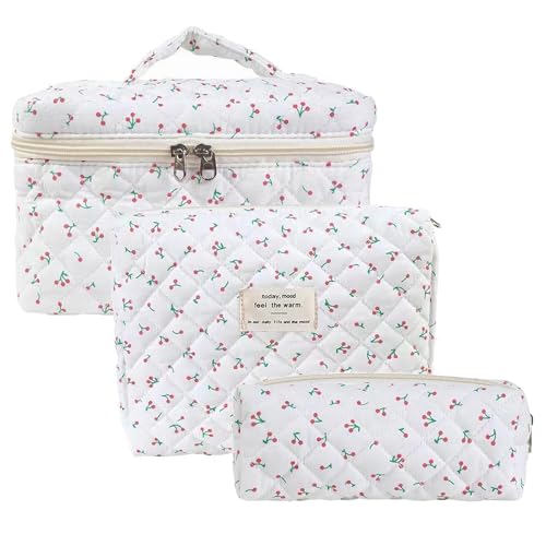 Kosmetiktasche Set Damen, 3pcs Reise Make-up Tasche aus Baumwolle，Blume Muster schminktasche (Kleine Kirsche) von FORBELL