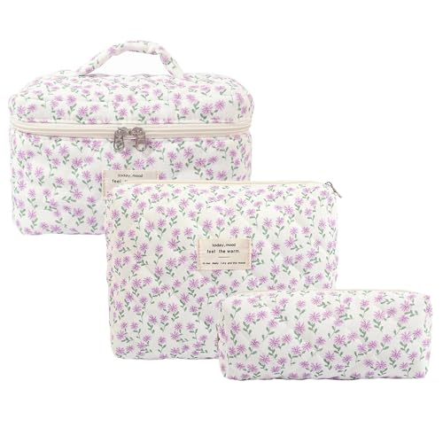 Kosmetiktasche Set Damen, 3pcs Reise Make-up Tasche aus Baumwolle，Blume Muster schminktasche (Lila Pfauenblume) von FORBELL