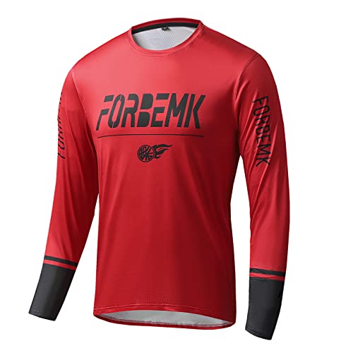 FORBEMK Herren Radfahren Jersey Mountainbike MTB Top Langarm T-Shirt,Shirt Downhill Fahrrad Jersey Weich Feuchtigkeitstransport Radtrikot-2214-Red-XL von FORBEMK