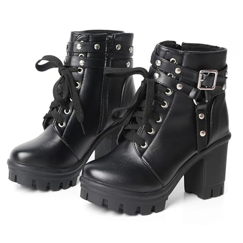 FOREADA Plateau-Stiefel für Damen, schwarz, grobe Stiefel, Gothic-Stiefeletten, Perlenspitze, Lolita, Kleid, Schuhe mit Reißverschluss, Gothic Black, 37 EU von FOREADA
