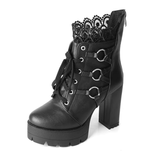FOREADA Schwarze Stiefel mit hohem Absatz für Damen, Plateau-Stiefel, Kampfstiefel, Schnürschuh, Gothic, klobiger Absatz, Stiefelette mit Reißverschluss, Absatz, Schwarz, 39.5 EU FOREADA Schwarze Stiefel mit hohem Absatz für Damen, Plateau-Stiefel, Kampfstiefel, Schnürschuh, Gothic, klobiger Absatz, Stiefelette mit Reißverschluss, Absatz, Schwarz, 39.5 EU von FOREADA