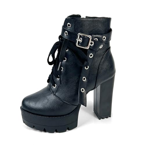 FOREADA Schwarze Stiefel mit hohem Absatz für Damen, Plateau-Stiefel, Kampfstiefel, Schnürschuh, Gothic, klobiger Absatz, Stiefelette mit Reißverschluss, Rave, Schwarz, 37 EU FOREADA Schwarze Stiefel mit hohem Absatz für Damen, Plateau-Stiefel, Kampfstiefel, Schnürschuh, Gothic, klobiger Absatz, Stiefelette mit Reißverschluss, Rave, Schwarz, 37 EU von FOREADA