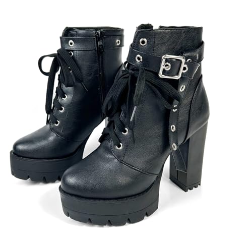 FOREADA Schwarze Stiefel mit hohem Absatz für Damen, Plateau-Stiefel, Kampfstiefel, Schnürschuh, Gothic, klobiger Absatz, Stiefelette mit Reißverschluss, Schnalle schwarz, 37 EU FOREADA Schwarze Stiefel mit hohem Absatz für Damen, Plateau-Stiefel, Kampfstiefel, Schnürschuh, Gothic, klobiger Absatz, Stiefelette mit Reißverschluss, Schnalle schwarz, 37 EU von FOREADA