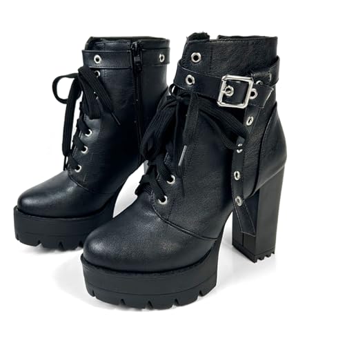 FOREADA Schwarze Stiefel mit hohem Absatz für Damen, Plateau-Stiefel, Kampfstiefel, Schnürschuh, Gothic, klobiger Absatz, Stiefelette mit Reißverschluss, Schnalle schwarz, 4 FOREADA Schwarze Stiefel mit hohem Absatz für Damen, Plateau-Stiefel, Kampfstiefel, Schnürschuh, Gothic, klobiger Absatz, Stiefelette mit Reißverschluss, Schnalle schwarz, 4 von FOREADA
