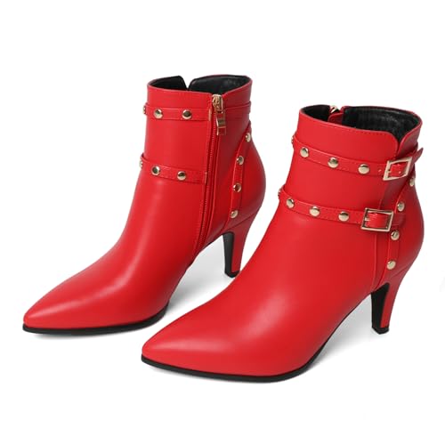 FOREADA Stiefel mit spitzem Zehenbereich, Kätzchen-Absatz, für Damen, schwarze Stiefeletten für Damen, Nieten, modische Schuhe, Spitz rot, 41 EU FOREADA Stiefel mit spitzem Zehenbereich, Kätzchen-Absatz, für Damen, schwarze Stiefeletten für Damen, Nieten, modische Schuhe, Spitz rot, 41 EU von FOREADA