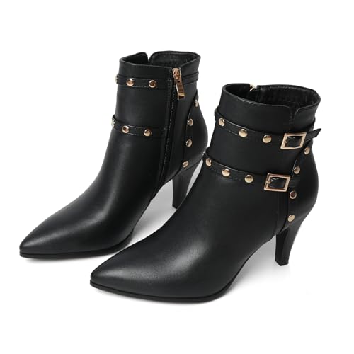 FOREADA Stiefel mit spitzem Zehenbereich, Kätzchen-Absatz, für Damen, schwarze Stiefeletten für Damen, Nieten, modische Schuhe, Spitzschwarz, 38.5 EU FOREADA Stiefel mit spitzem Zehenbereich, Kätzchen-Absatz, für Damen, schwarze Stiefeletten für Damen, Nieten, modische Schuhe, Spitzschwarz, 38.5 EU von FOREADA