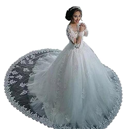 FORESTS Frauen Brautkleid V-Ausschnitt Lange Ärmel A-Linie Abendkleider, Spitze Applique Chiffon Brautkleid Abendkleid mit Wenig Schwanz Weiß US 16, Weiß, 8 von FORESTS