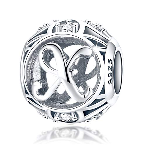 FOREVER QUEEN Alphabet Buchstabe X Charm Bead mit klaren Zirkonia kompatibel für europäische Armbänder 925 Silber Sterling Charm Anhänger,BJ09121-X "MEHRWEG" von FOREVER QUEEN