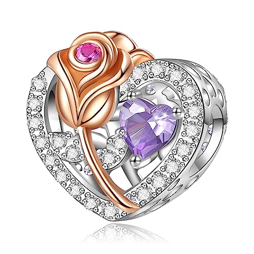 FOREVER QUEEN Damen Silber Sterling-Silber 925 Geburtsstein Charm für Armband oder Halskette mit Herzförmigem Geburt Blume Motiv von FOREVER QUEEN