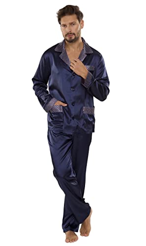 FOREX Lingerie edler und hochwertiger Satin-Pyjama Herren-Schlafanzug Hausanzug, Marine, Gr. L von FOREX Lingerie