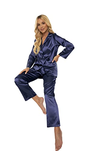 FOREX Lingerie eleganter Satin-Pyjama Schlafanzug Hausanzug im klassischen Still (L, Blau) von FOREX Lingerie