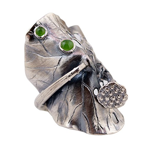 ForFox Schwarz Breite 990 Sterling Silber Lotus Blatt Ring mit Natürlich Grün Jade für Damen Offen und Verstellbar von ForFox