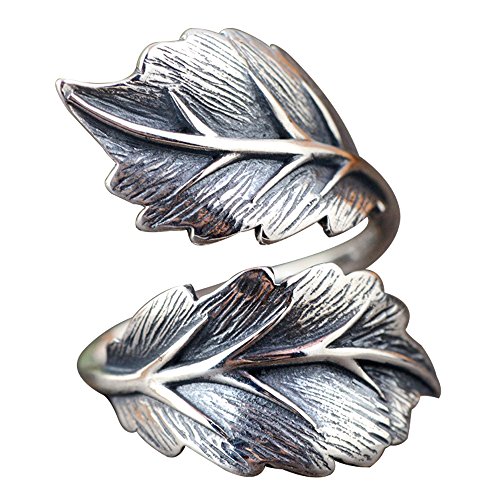 ForFox Damen Herren Vintage Echt 925 Sterling Silber Blatt Blätter Ring Offen und Verstellbar von ForFox