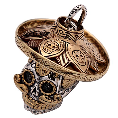 ForFox Gothic 925 Sterling Silber Mexikanischer Totenkopf Anhänger mit Golden Hut Biker Schädel Sugar Skull Schmuck für Herren Damen von ForFox