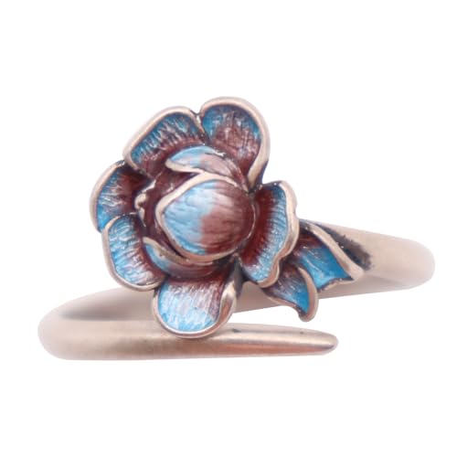 ForFox Vintage 925 Sterling Silber Emaille Lotus Ring Lotusblume Ring für Damen Offen und Verstellbar von ForFox