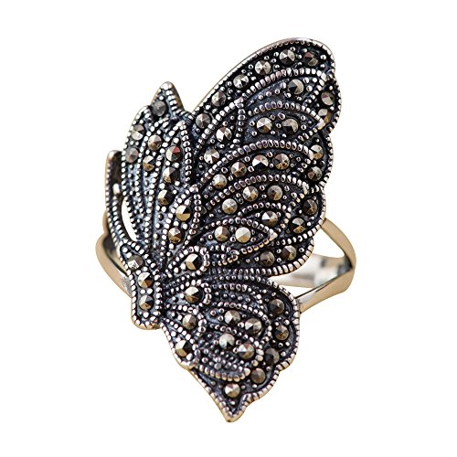 ForFox Vintage Schwarz 925 Sterling Silber Schmetterling Ring mit Markasit Steine Schmetterlingsring Schmuck für Damen Größe 60 von ForFox