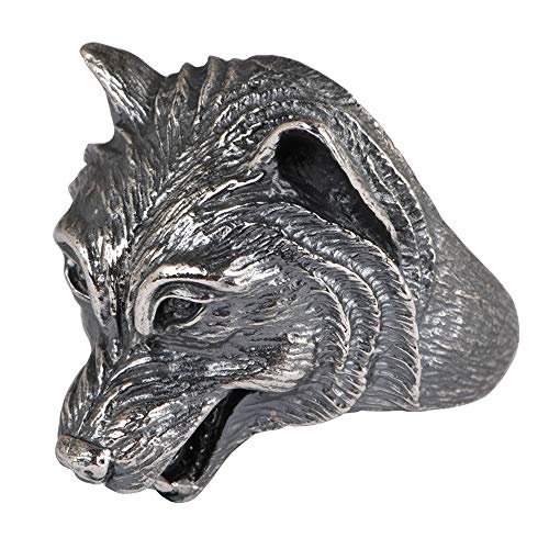 ForFox Vintage Schwarz 925 Sterling Silber Wolf Kopf Ring Wolfsring für Herren Offen und Verstellbar von ForFox