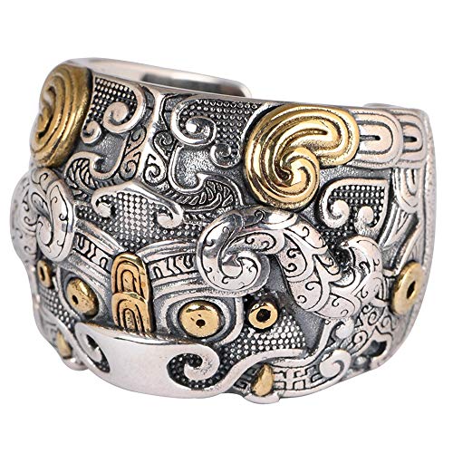 Vintage Groß 925 Sterling Silber Chinesischer Mythisches Tier TAOTIE Ring für Herren Offen und Verstellbar von ForFox