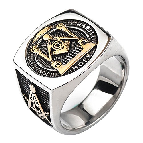 Vintage Breit Titan Edelstahl Freimaurer Ring mit Platz G Säulen Alles sehende Auge Bicolor Master Mason Illuminati Schmuck für Herren Damen Gold Ton Größe 54 von ForFox