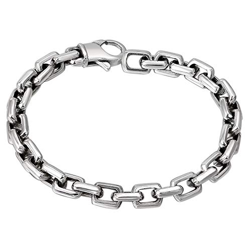 ForFox Vintage Echt 925 Sterling Silver Rechteck Schnalle Gliederkette Armband für Herren Damen 7mm 20cm von ForFox