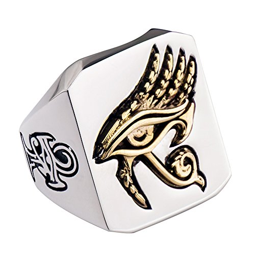 ForFox Punk Titan Edelstahl Ägypten Gold Auge des Horus Ring Stahl Hip Hop Ring Ägyptischer Schmuck für Herren Damen Größe 64 von ForFox