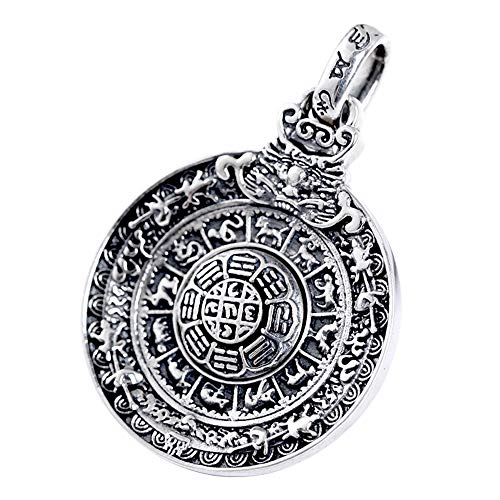 ForFox Vintage Schwarz 925 Sterling Silber Bagua Spinner Anhänger mit Chinesische Sternzeichen Taoismus Feng Shui Schmuck für Herren Damen Silber-Ton von ForFox