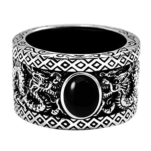 ForFox Schwarz 925 Sterling Silber Orientalische Doppelt Drachen Ring mit Achat Vintage Chinesischer Drachenring Schmuck für Herren Damen Größe 62 von ForFox