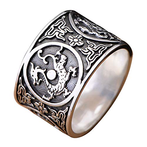 ForFox Schwarz Breit 999 Sterling Silber Bandring Ring Graviert Drachen Tiger Schildkröte Vermilion Vogel Vintage Chinesischer Schmuck für Herren Damen 14mm 62 von ForFox