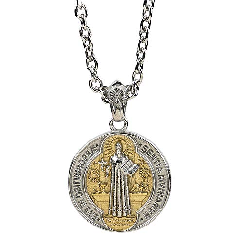 ForFox Titan Edelstahl Heiliger Benedikt Halskette Kreuz mit St Benedikt Medaille Anhänger Katholische Schmuck für Herren Damen 70cm Kette,Bicolor von ForFox