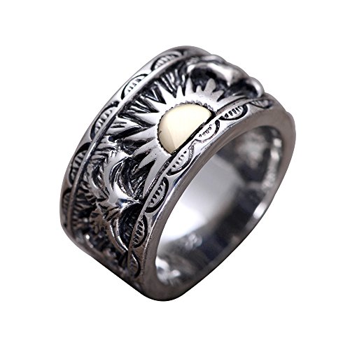 ForFox Vintage Breit 925 Sterling Silber Golden Sonne und Adler Ring Punk Bandring Schmuck für Herren Damen 13mm Größe 57 von ForFox