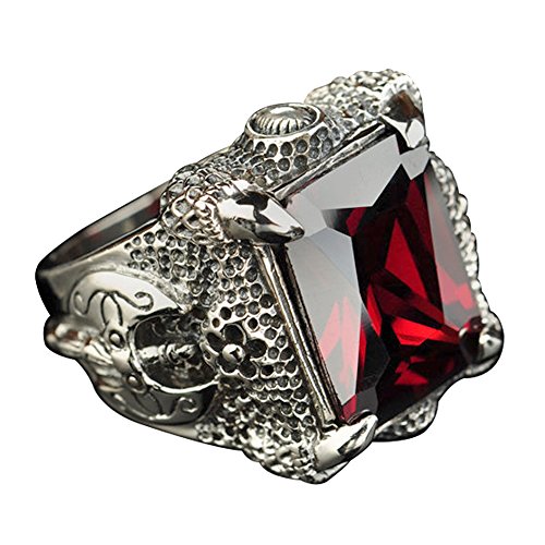 ForFox Vintage Echt 925 Sterling Silber Drachenklaue Ring mit Facette Rot Granat Stein Punk Drachen Klaue Schmuck für Herren Größe 65 von ForFox