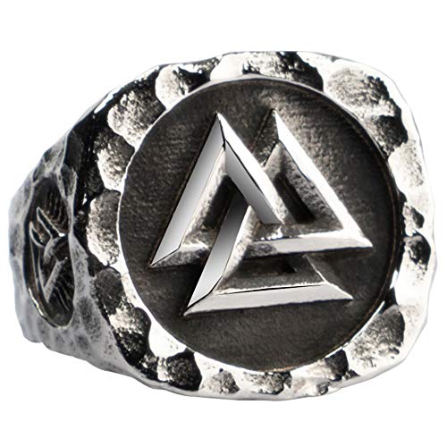 ForFox Vintage Schwarz Titan Edelstahl Wikinger Valknut Ring Dreieck Ring Siegelring mit Nordische Vegvisir Kompass für Herren Damen Größe 54 von ForFox