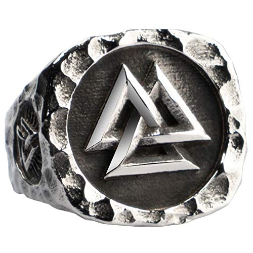 Vintage Schwarz Titan Edelstahl Wikinger Valknut Ring Dreieck Ring Siegelring mit Nordische Vegvisir Kompass für Herren Damen Größe 54 von ForFox