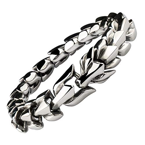 ForFox Herren Titan Stahl Chinesischer Drachen Armband Gliederarmband Edelstahl Drachenarmband 15mm 22cm,Silber von ForFox