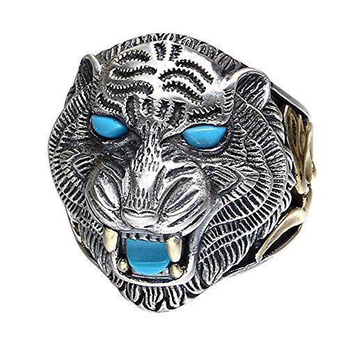 ForFox Vintage Schwarz 925 Sterling Silber Tiger Ring mit Türkis Punk Tier Schmuck für Herren Damen Offen Verstellbar von ForFox