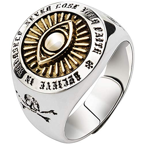 ForFox Vintage 925 Sterling Silber Golden Allsehendes Auge Gottes Ring mit Totenkopf Kreuzknochen Freimaurer Schmuck für Herren Damen Offen und Verstellbar von ForFox