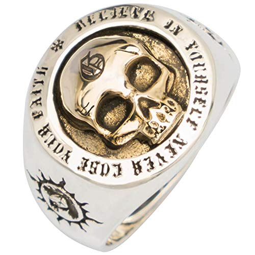 ForFox Punk 925 Sterling Silber Golden Totenkopf Schädel Ring Graviertes Sonne Totem Skull Schmuck für Herren Damen Offen und Verstellbar von ForFox