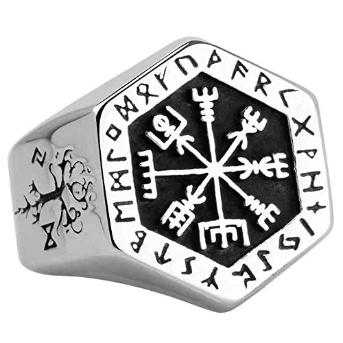 Punk Edelstahl Vegvisir Kompass Ring Nordischer Wikinger Runen Ring mit Valknut und Baum des Lebens Keltischer Schmuck für Herren Damen Größe 59 von ForFox