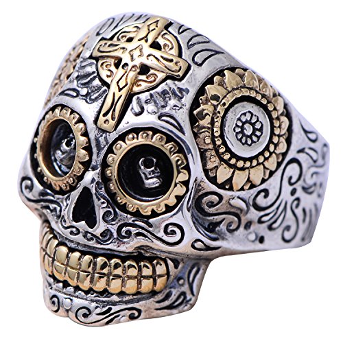 ForFox Zweifarbig Echt 925 Sterling Silber Mexikanischer Zucker Totenkopf Ring Gothic Biker Schädel Schmuck für Herren Damen Größe 66 von ForFox