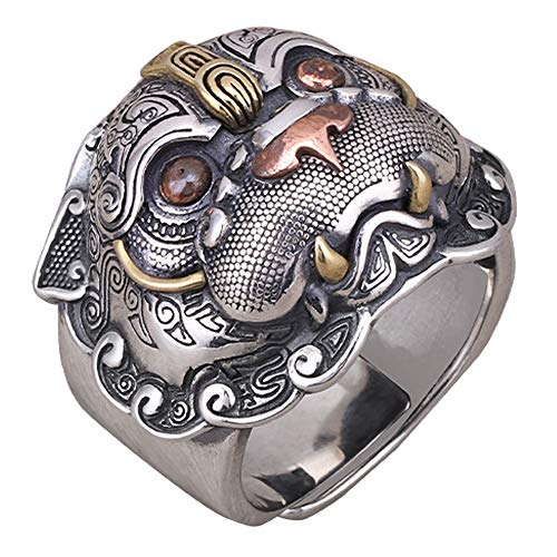 ForFox Vintage 925 Sterling Silber Chinesischer Mythischer Tier PIXIU Ring Feng Shui Schmuck für Herren Damen Offen und Verstellbar von ForFox