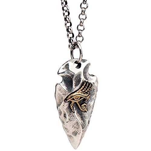 ForFox Vintage 925 Sterling Silber Pfeilspitze Anhänger Halskette mit Ägyptischer Gold Auge des Horus für Herren Damen 50cm Kette von ForFox